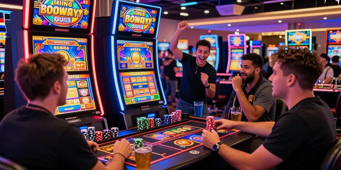 Players enjoying bonus buy slots UK in a lively casino setting with colorful machines.