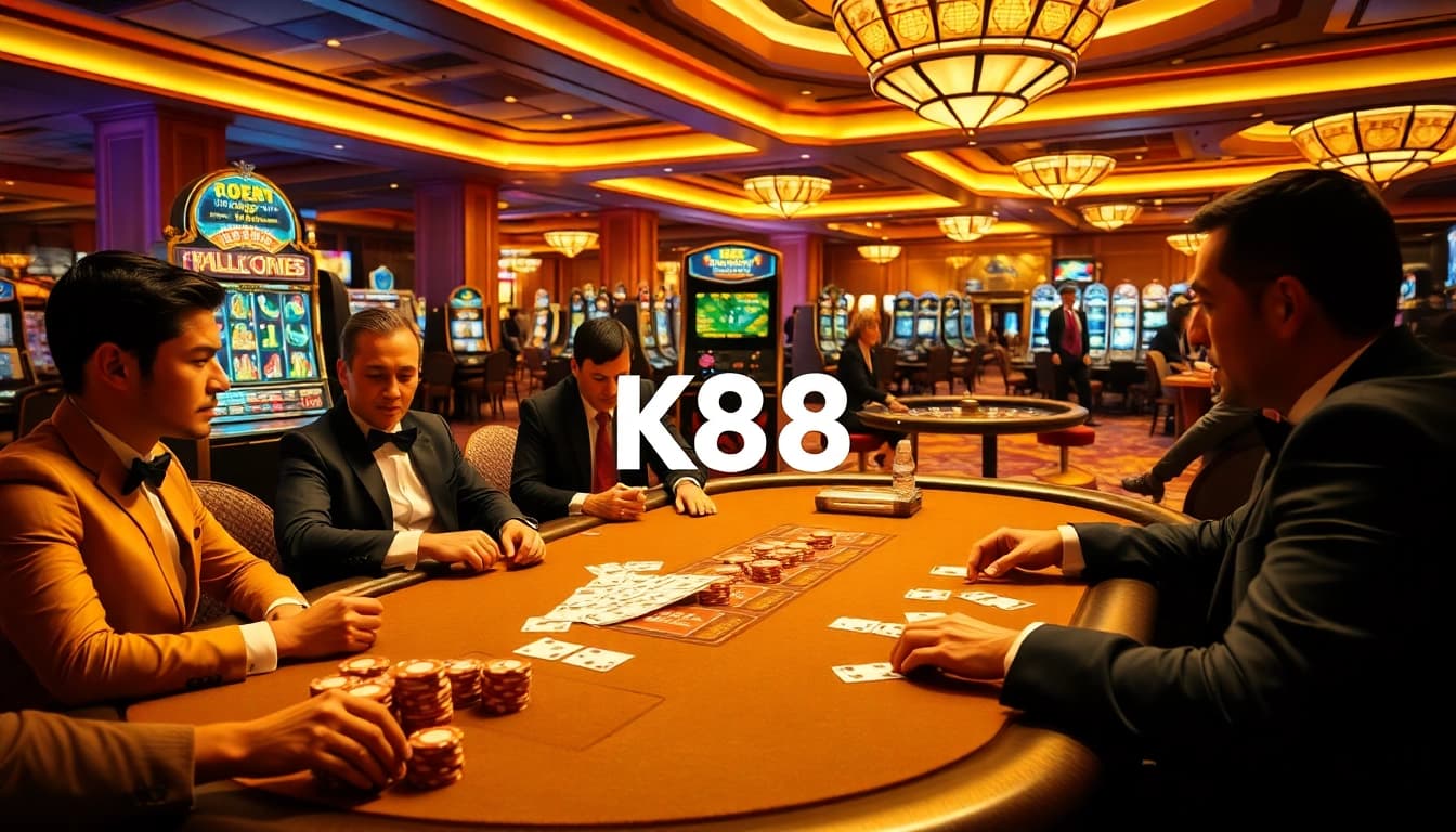 Experience the thrill of K88 with intense poker action at a luxurious casino table.