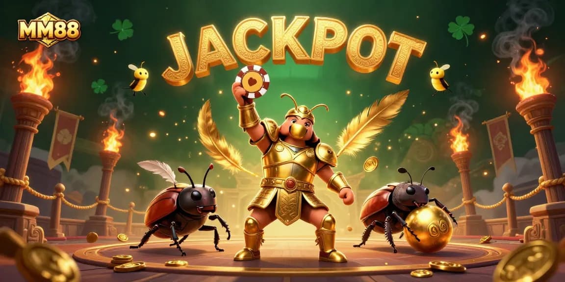 Experience MM88 with vibrant hercules beetle characters in a dynamic casino scene showcasing a jackpot celebration.