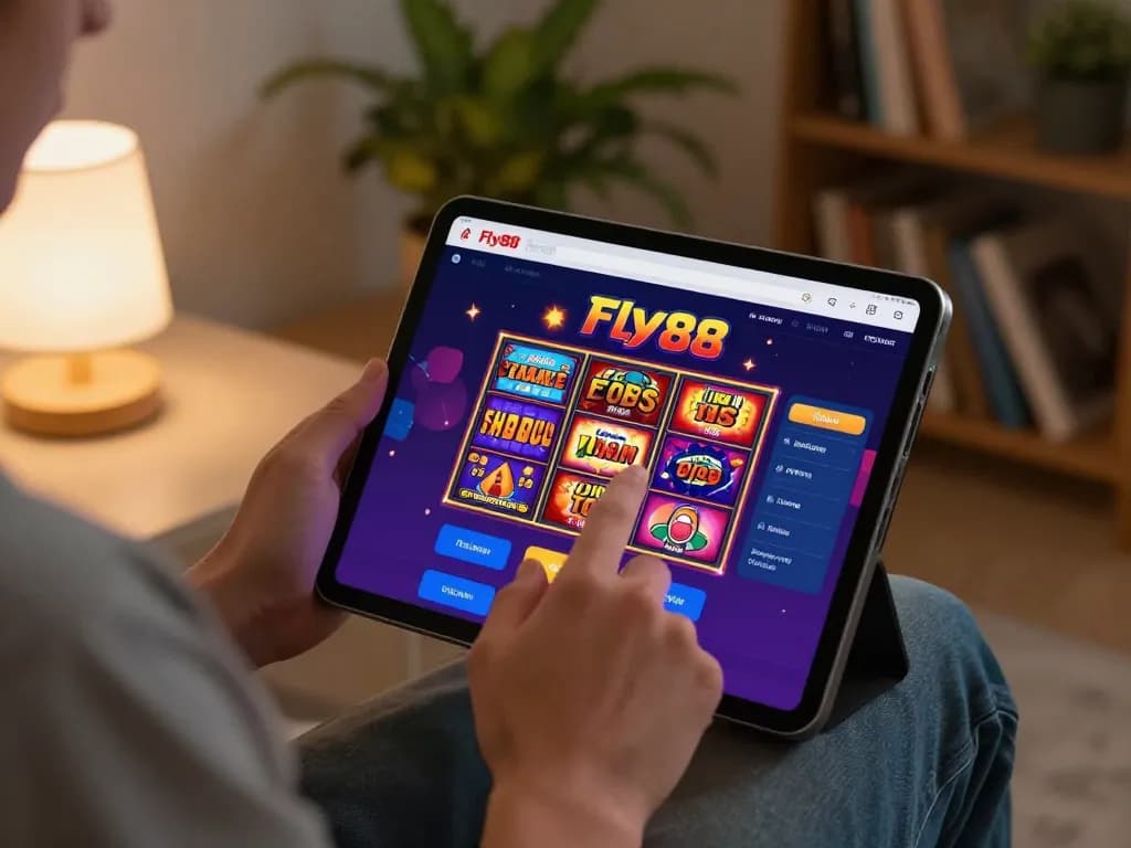 Engaging with the Fly88 app showcasing vibrant slot games and live dealer options in a cozy home setting.