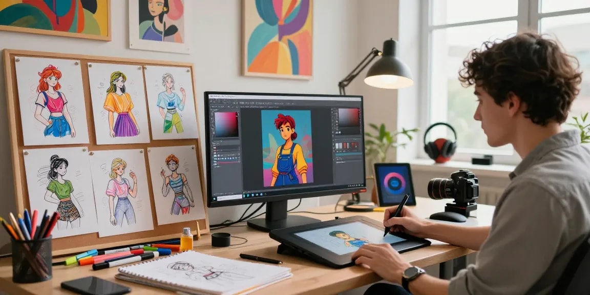 Artist designing NSFW AI characters in a colorful digital art studio.