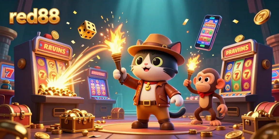 Experience the thrill of red88 at a gold-filled tribal casino jungle with the explorer cat and monkey.
