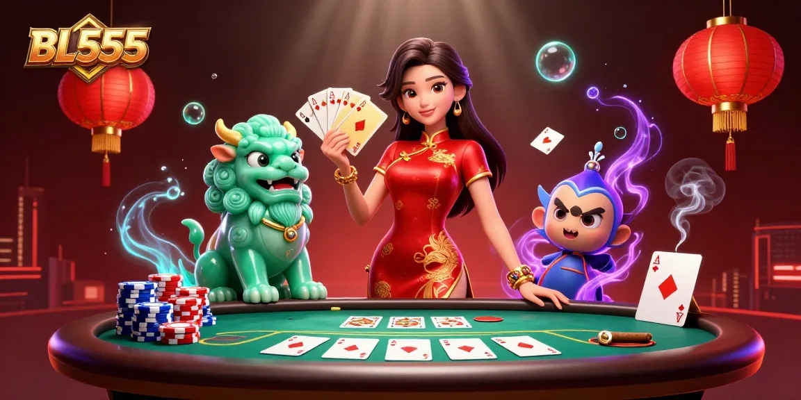 Experience thrilling poker action with BL555 as a woman in traditional attire showcases her skills with golden cards.