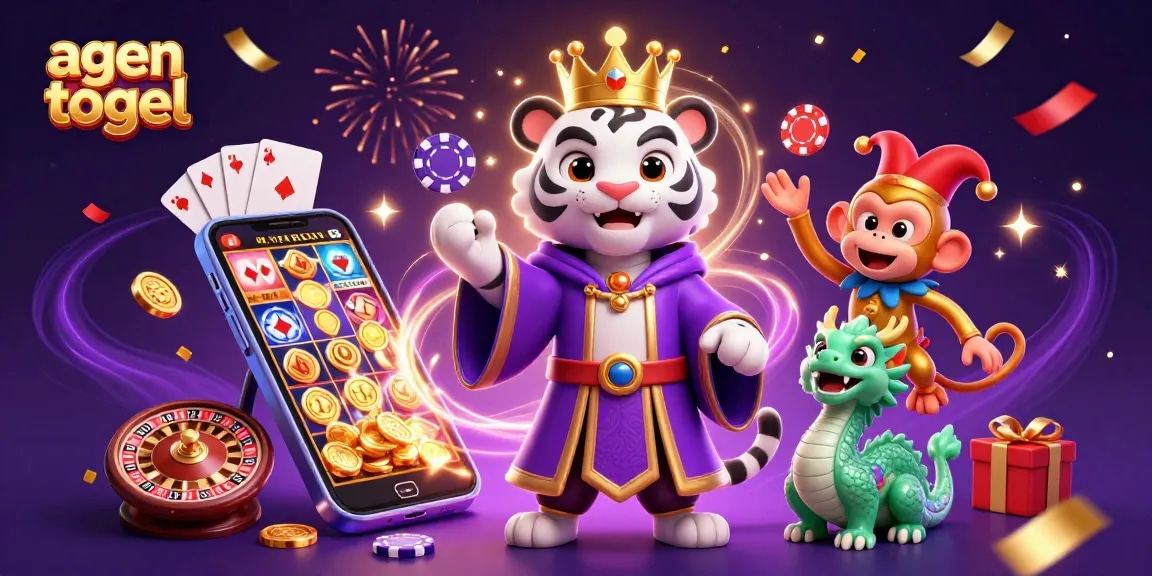 Engage with agen togel as a playful scene features a royal tiger, golden monkey, and jade dragon among casino delights.
