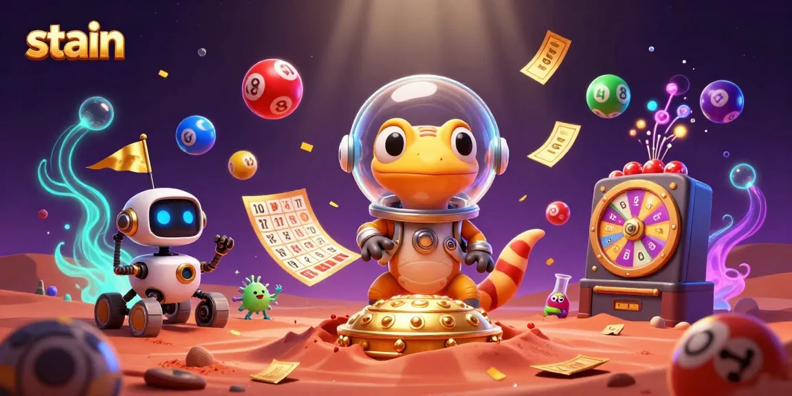 Stain the casino scene with a Martian gecko discovering golden treasures while alien bacteria cheer.