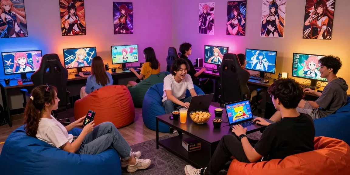 Engaging scene of friends playing hentai games in a colorful gaming lounge atmosphere.