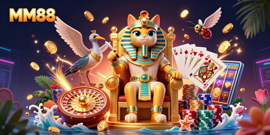 Engage in thrilling casino play at MM88 surrounded by vibrant gems and golden coins.