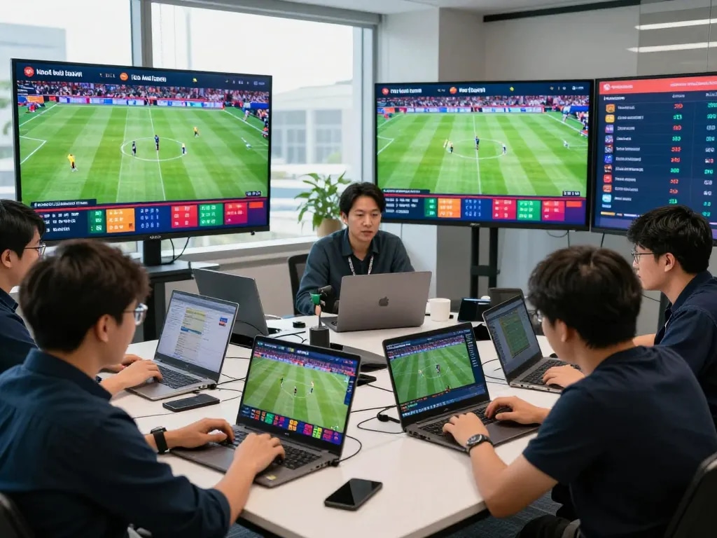 Live betting analysis with kèo đá banh updates in a modern sports office.