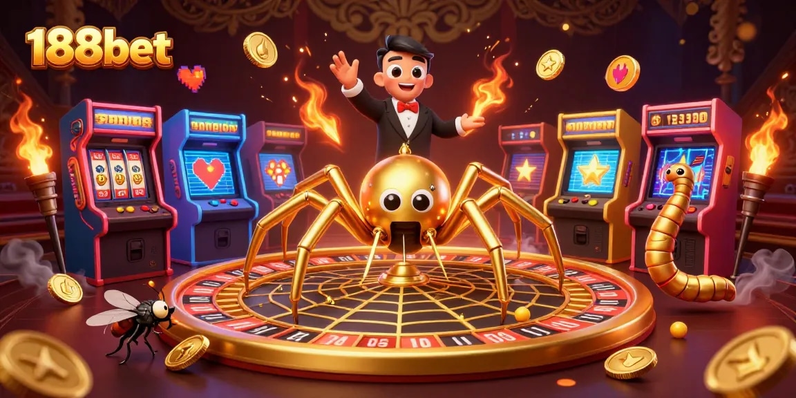 Engage with 188bet as the golden spider spins a roulette wheel web, showcasing an interactive casino scene.