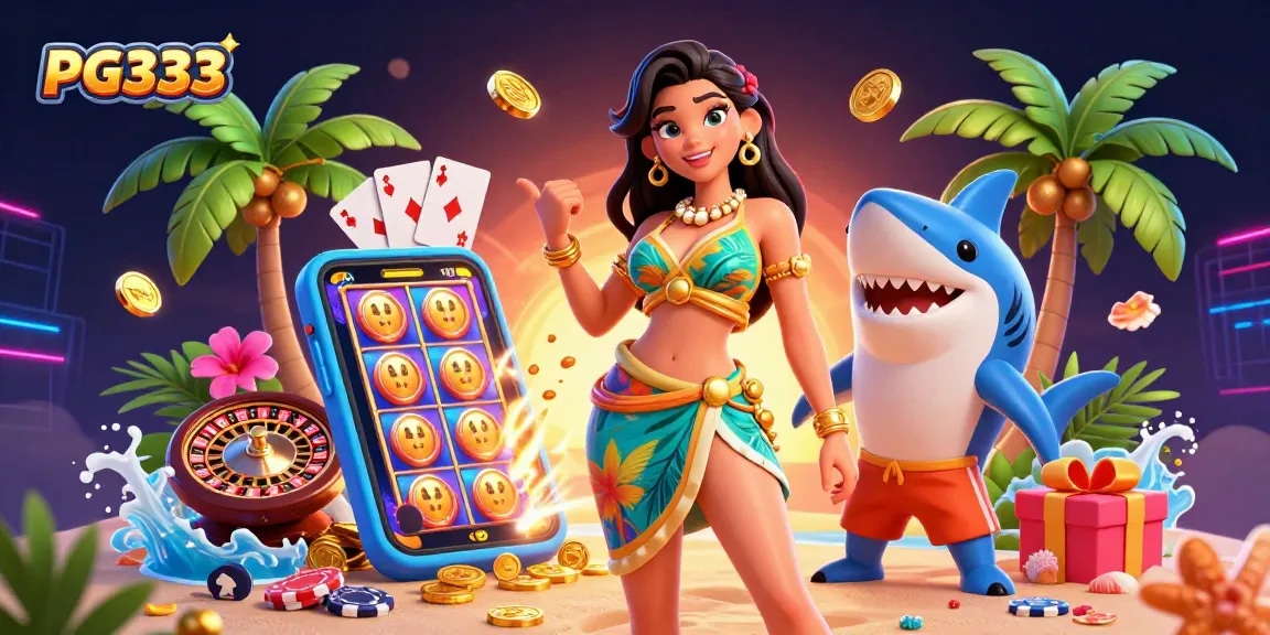 Engage with PG333 in a vibrant casino world full of gaming excitement, featuring a glamorous woman and fun elements.
