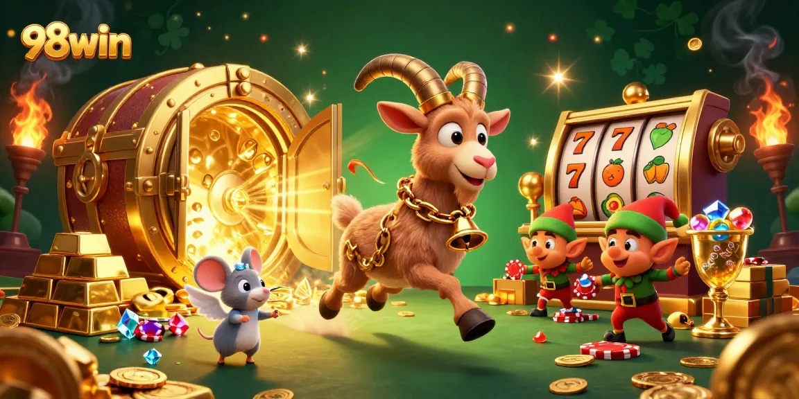 Experience thrilling gameplay at 98win with festive characters in a rich casino atmosphere.