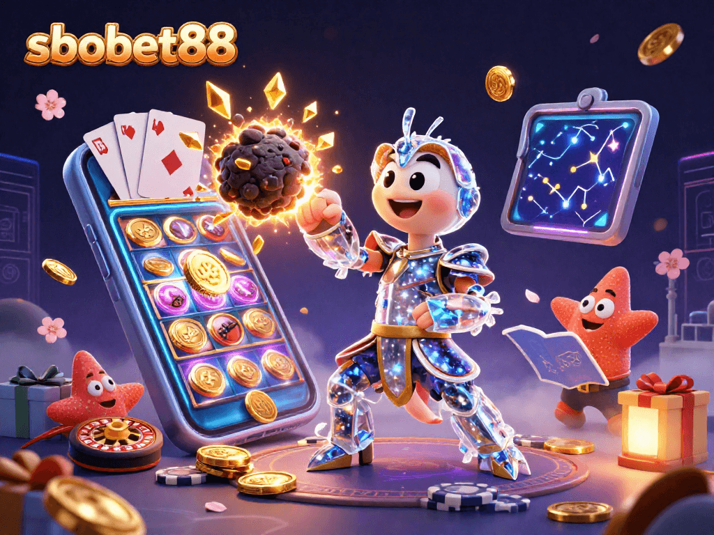 Experience sbobet88 with a vibrant 3D illustration of casino games and characters, showcasing thrilling gambling.