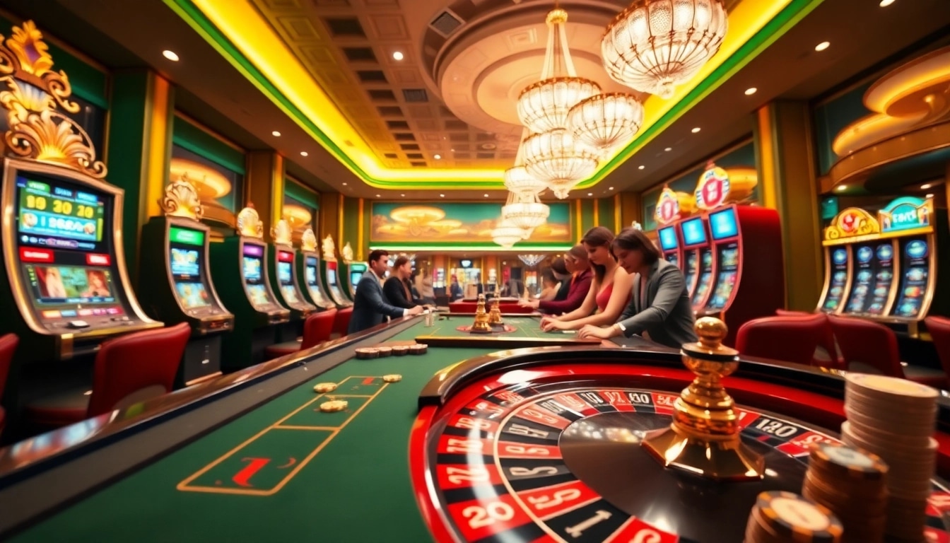 Players enjoying an exciting evening at the luck8 com casino, featuring roulette and vibrant slot machines.