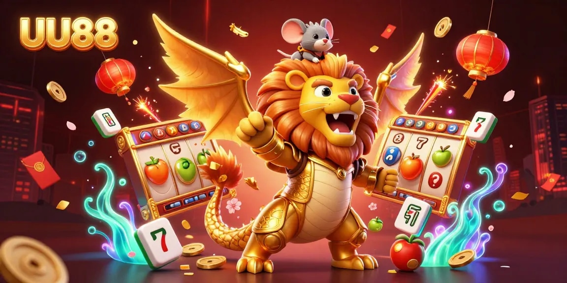 Unveiling UU88 with a roaring chimera creature, surrounded by dynamic slot game elements in an energetic casino scene.