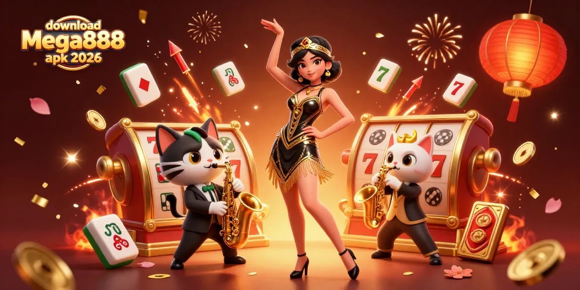 Experience the thrill of gaming with Mega888 APK 2026 featuring vibrant casino elements and character excitement.