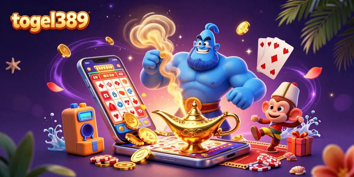 Engage with togel389's vibrant lottery experience featuring a genie and Aladdin's monkey.