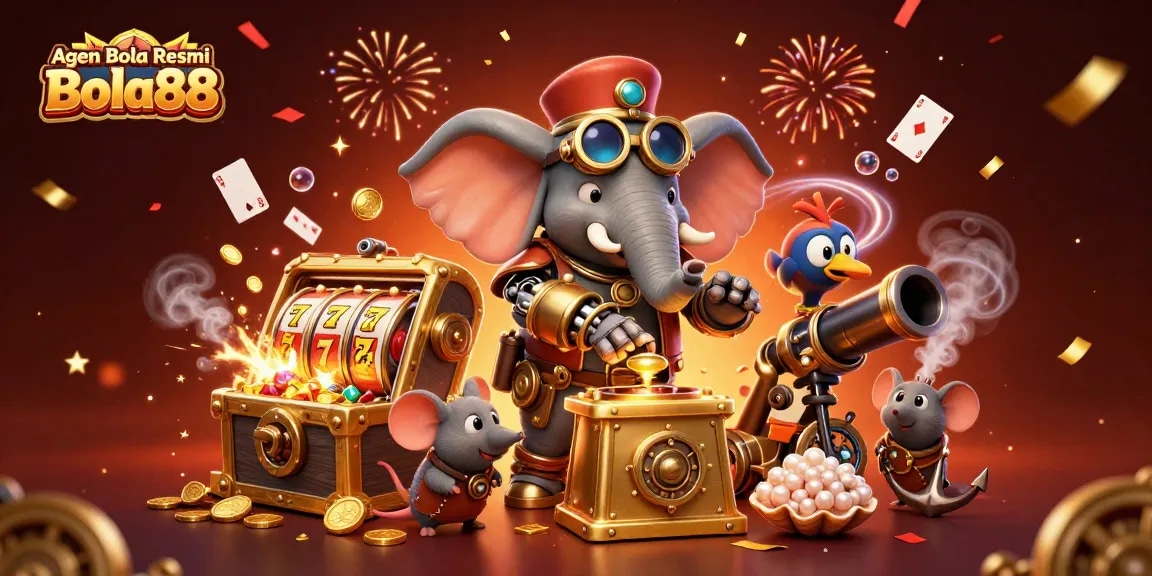 Agen Bola Resmi Bola88 showcases a vibrant 3D scene with a steampunk elephant at a golden slot machine amid winning symbols.