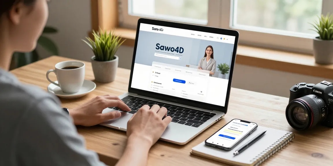 User navigating Sawo4D platform on laptop with smartphone and notebook, showcasing a modern online experience