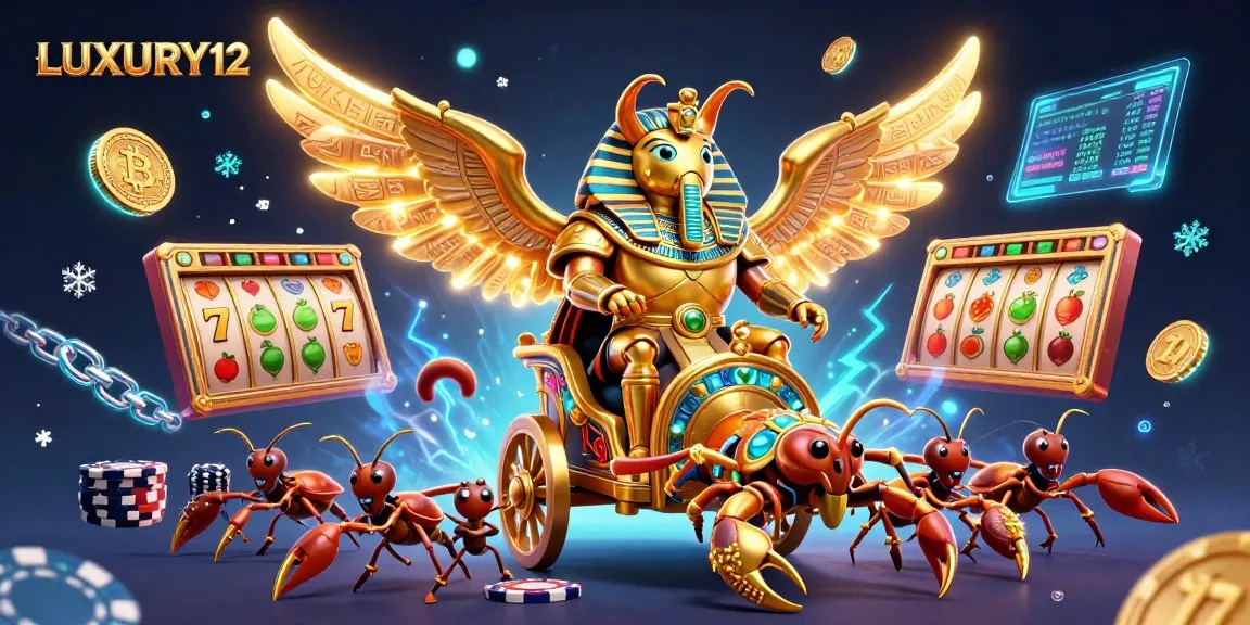 LUXURY12 captures the thrill of slot gaming with a vivid illustration of jackpot elements and energetic characters.