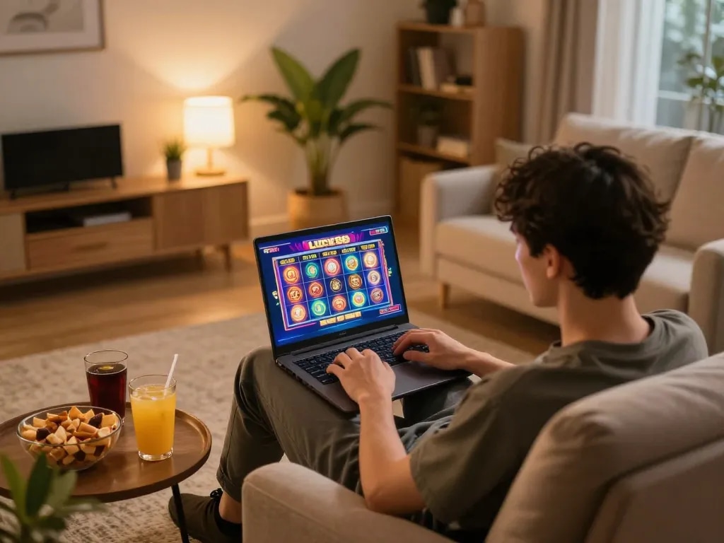 Engaging moment of a player enjoying luck88 online slots on a laptop in a cozy home setup.