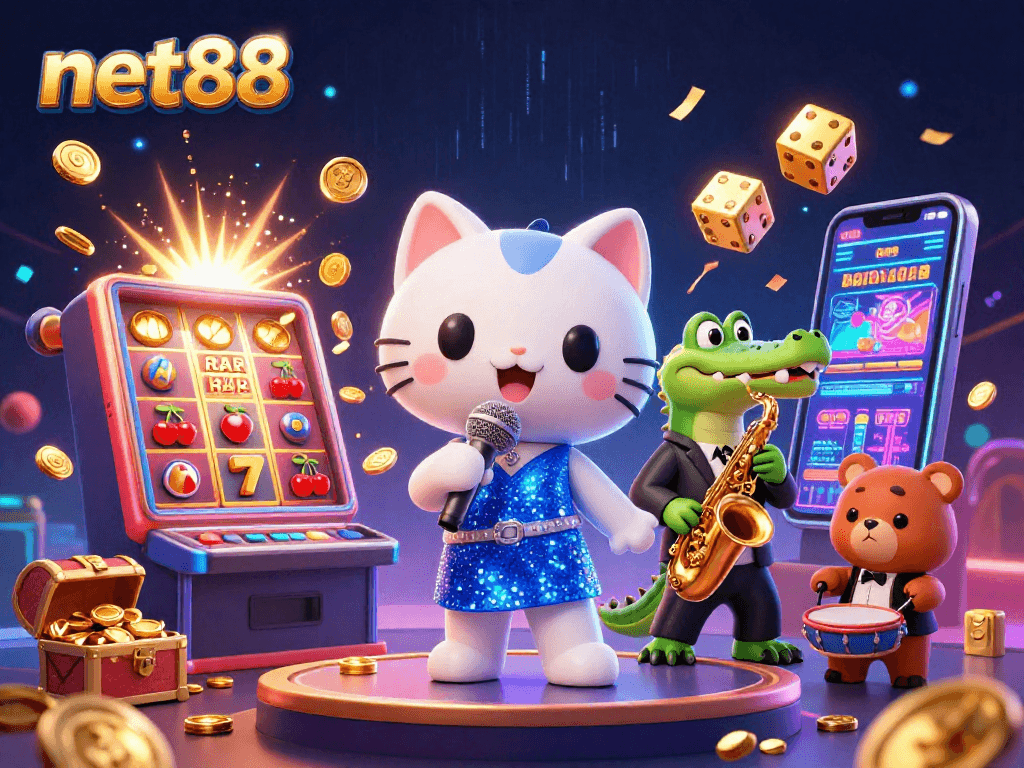 Experience thrilling gaming action with net88 through a vibrant casino scene featuring jazz-singer cat.