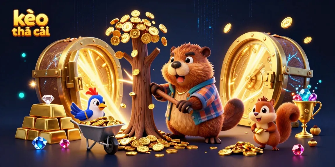 Collect winning odds on kèo nhà cái with playful characters and gold coins in a vibrant illustration.