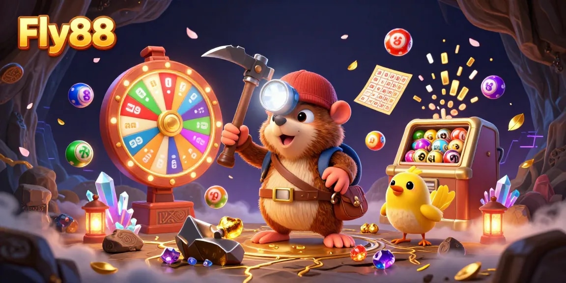 Engage with Fly88's thrilling gaming adventure featuring a treasure hunter and colorful lottery elements.