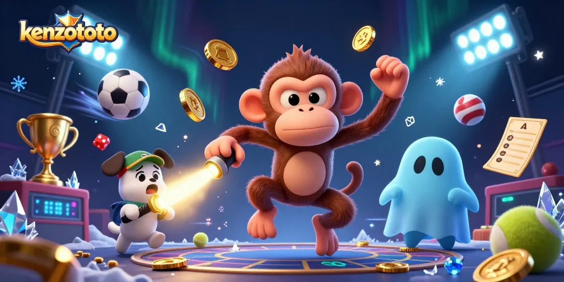 Kenzototo brings luck with poltergeist monkey juggling gold at a vibrant casino.