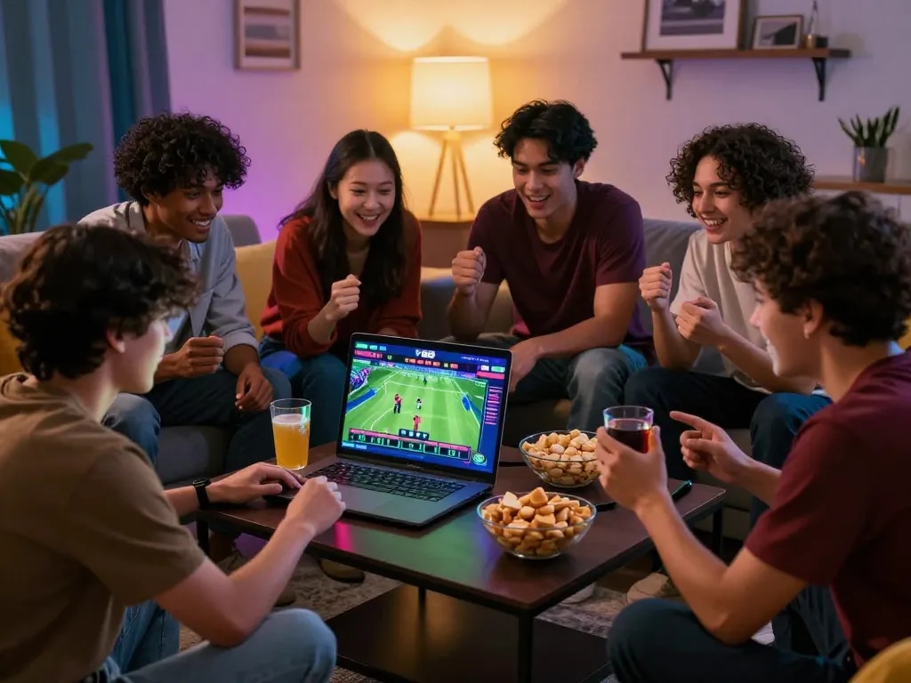 Engaging friends enjoying sports betting on tv88 nhà cái platform in a cozy living room.