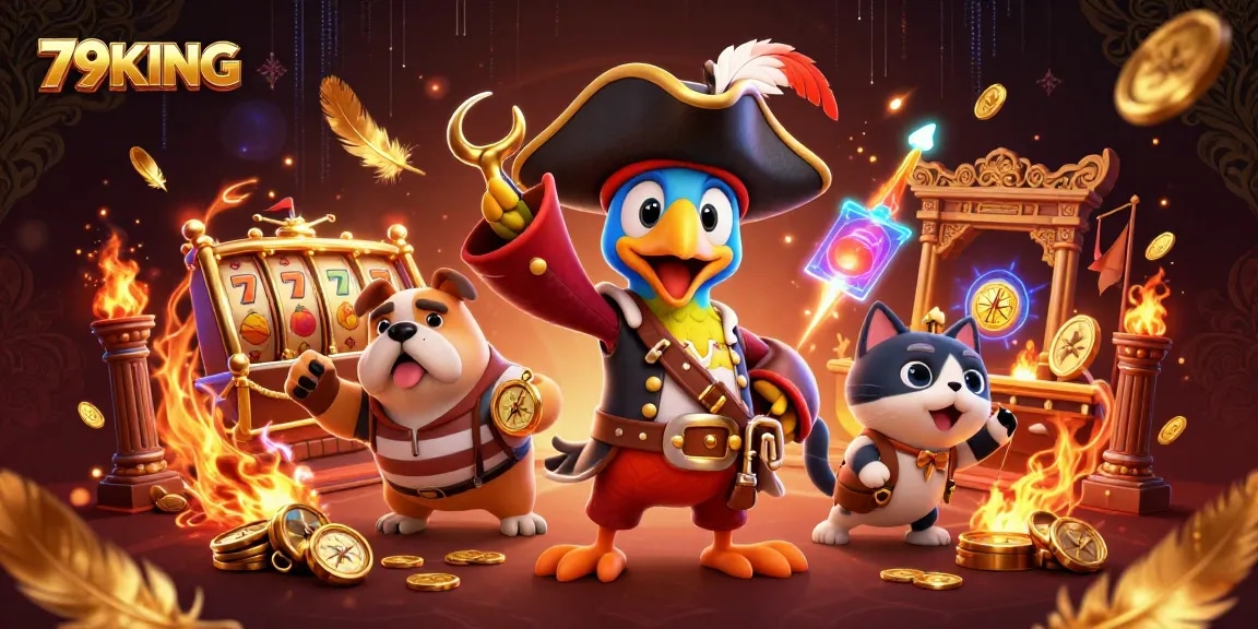 Engage with 79KING in a vibrant casino adventure featuring a pirate captain and his crew.