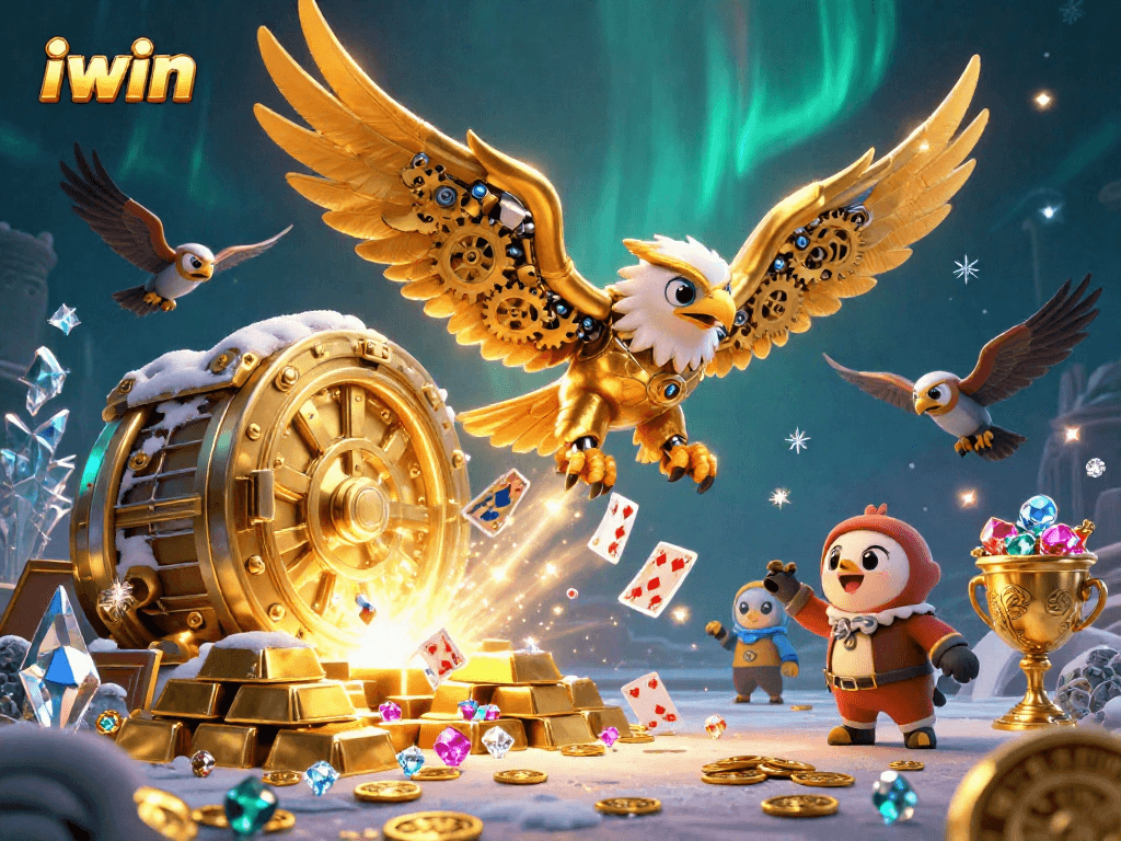 Experience iwin with a vibrant 3D casino scene featuring a golden eagle amidst treasure.