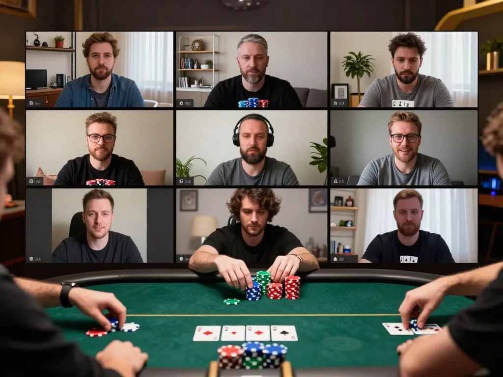 Engaged players in an online poker game showcasing kp88 strategy discussion at home.
