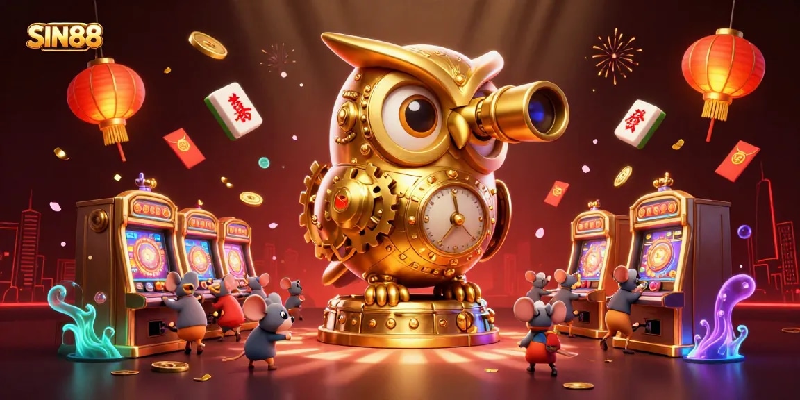 SIN88's extensive casino experience captivates players amid 3D golden owls and vibrant game elements.