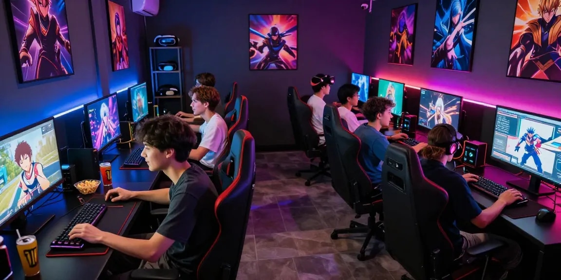Engaging players enjoying an ecchi game in a colorful gaming lounge