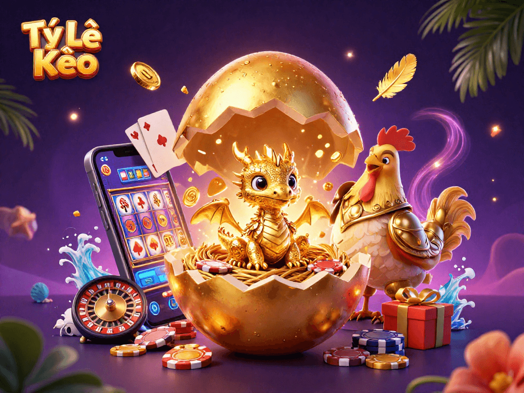 Engage with Tỷ Lệ Kèo through a mesmerizing golden dragon and casino elements illustration