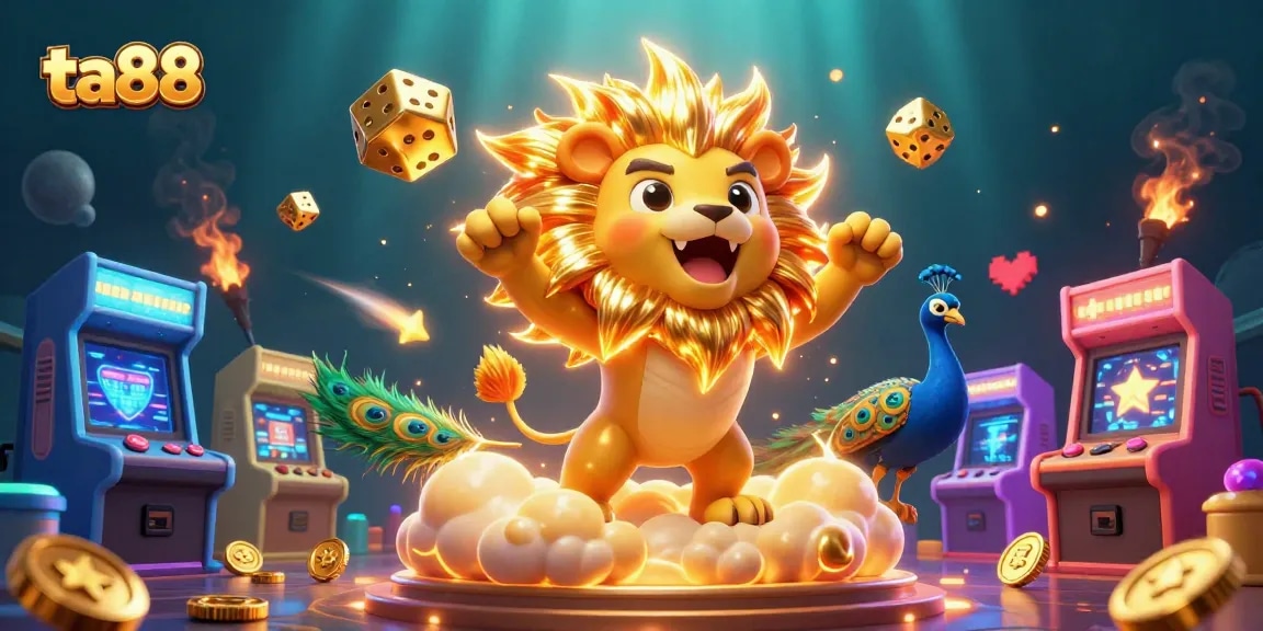 Join the exhilarating ta88 casino adventure with a lion, golden dice, and vibrant gaming elements.