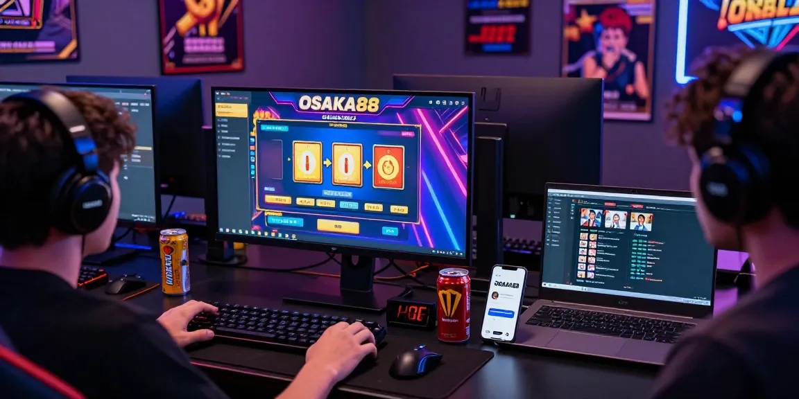 Player using OSAKA88 login on vibrant gaming setup with jackpot alerts and community chat.