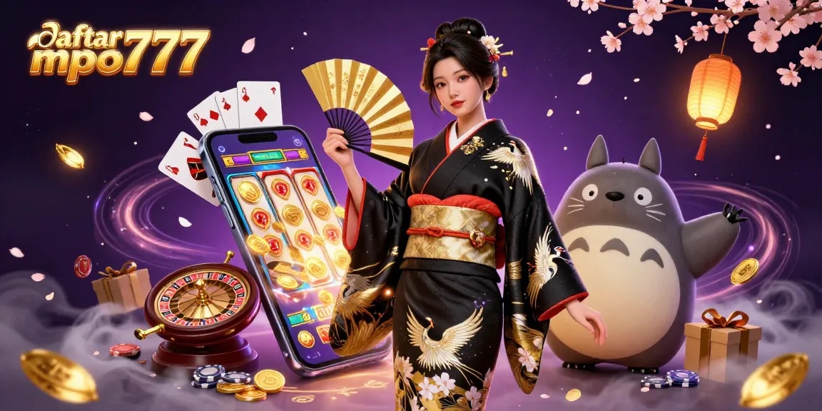 Experience the thrill with daftar mpo777 through this dynamic casino scene featuring a lucky Asian woman and game elements.