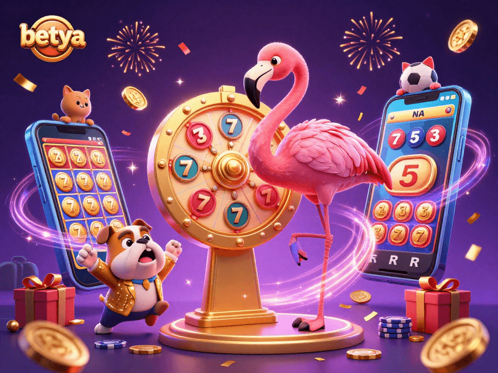 Spin and win with betya's vibrant gaming scene featuring a game show host flamingo, sports betting elements, and animated prizes.