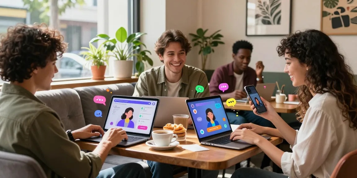 Engaging scene with users chatting about hentai ai with friendly AI chatbots on their devices.