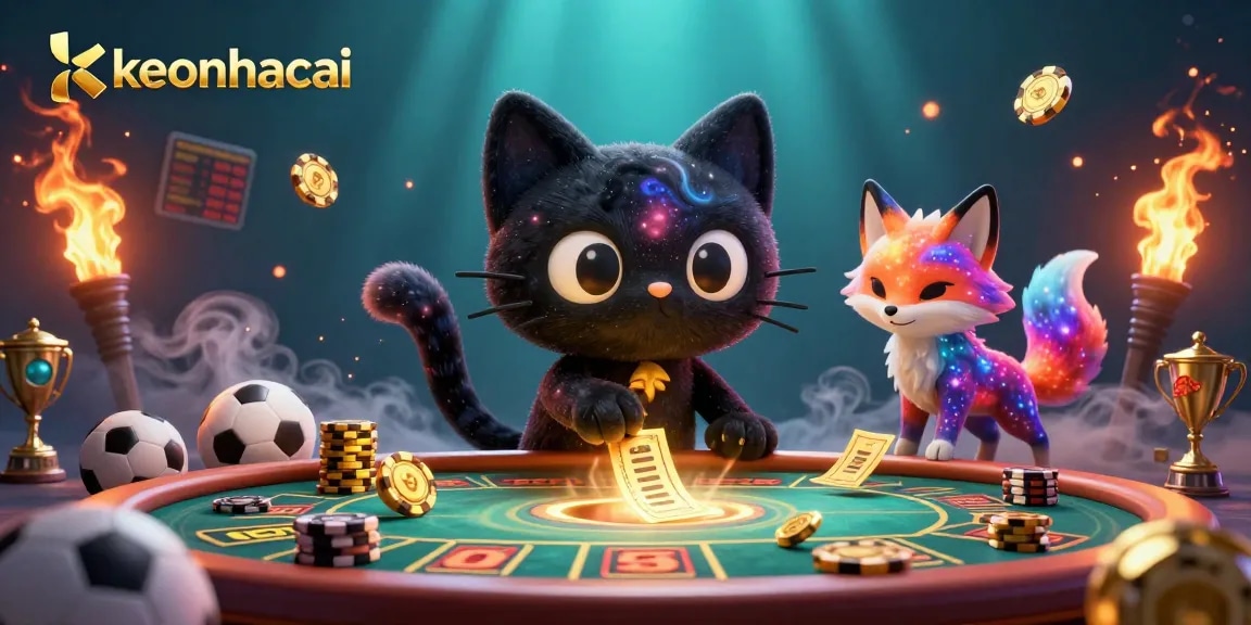 Engage in thrilling sports betting at keonhacai with a cosmic cat pulling in golden stakes.