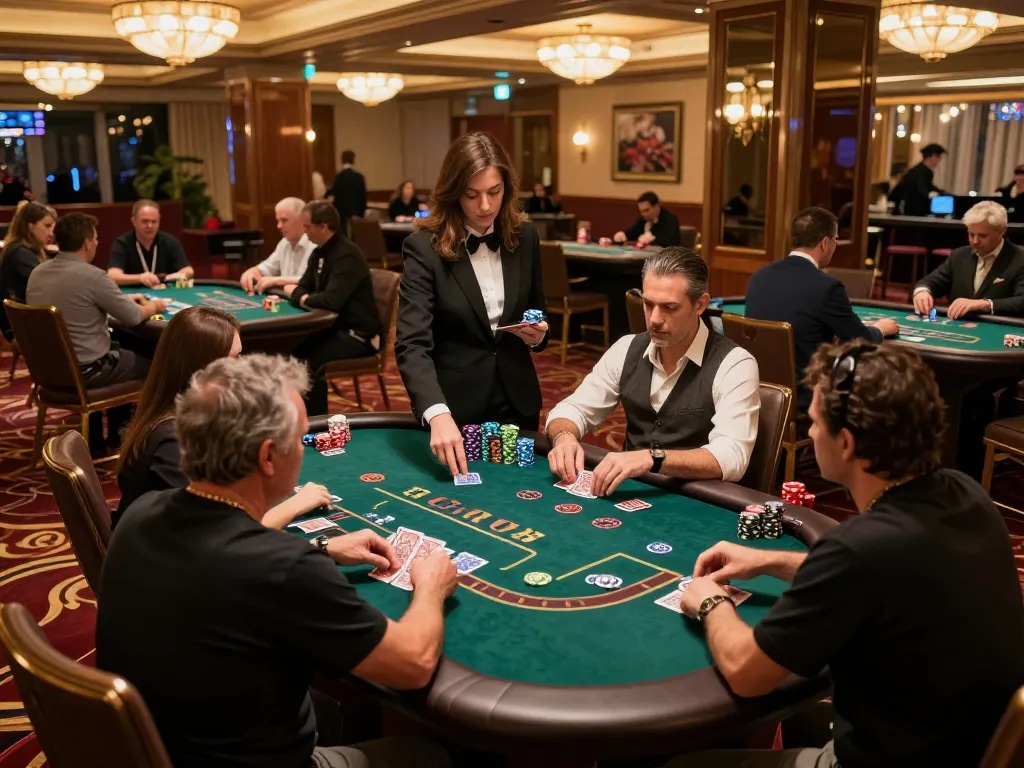 n188 players enjoying a strategic blackjack game in a vibrant casino with luxurious decor