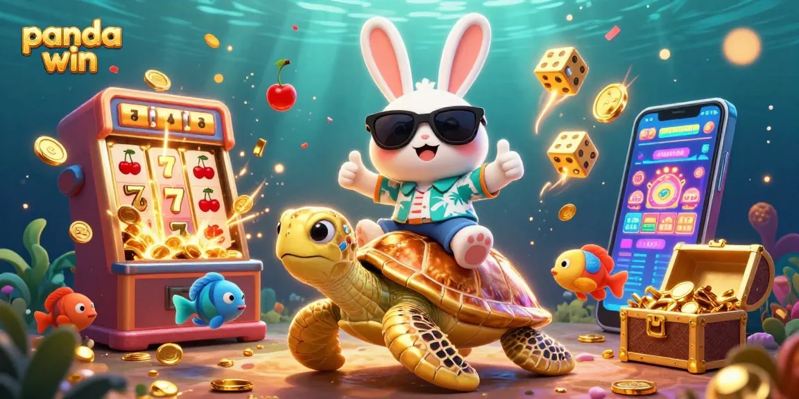 Panda win menampilkan pemandangan slot 3D yang cerah dengan kelinci keberuntungan, kura-kura emas, dan kegembiraan jackpot!