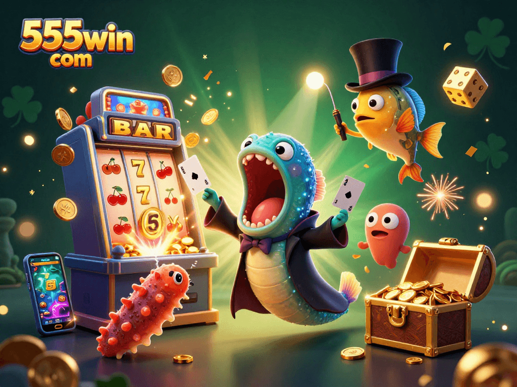 Engage in thrilling gaming experiences at 555win com with this vibrant 3D casino scene illustrating playful underwater characters.