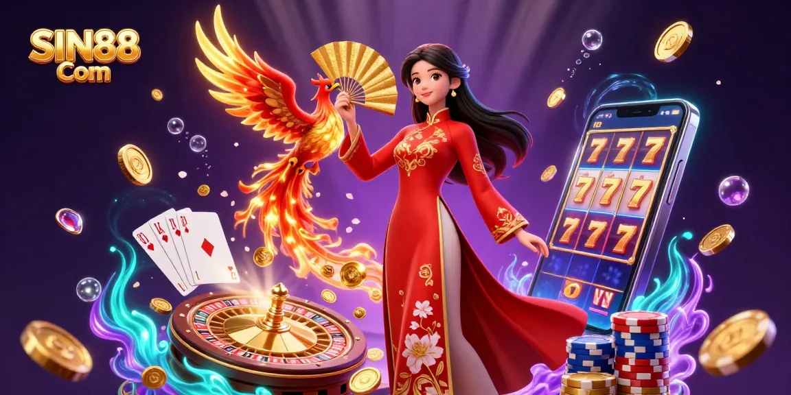 SIN88 Com showcases a stunning 3D scene of winning moments with a beautiful woman in a traditional dress and phoenix amidst gold coins.