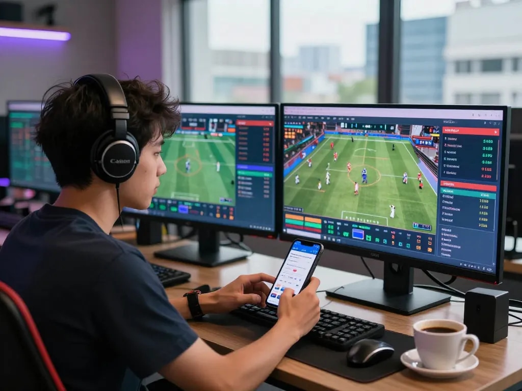 Engaged user analyzing kèo nhà cái live betting odds in modern setup.