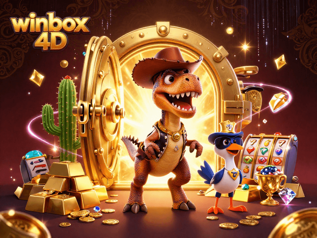 Winbox 4D brings excitement with a cowboy T-Rex, treasures, and thrilling slot reels.