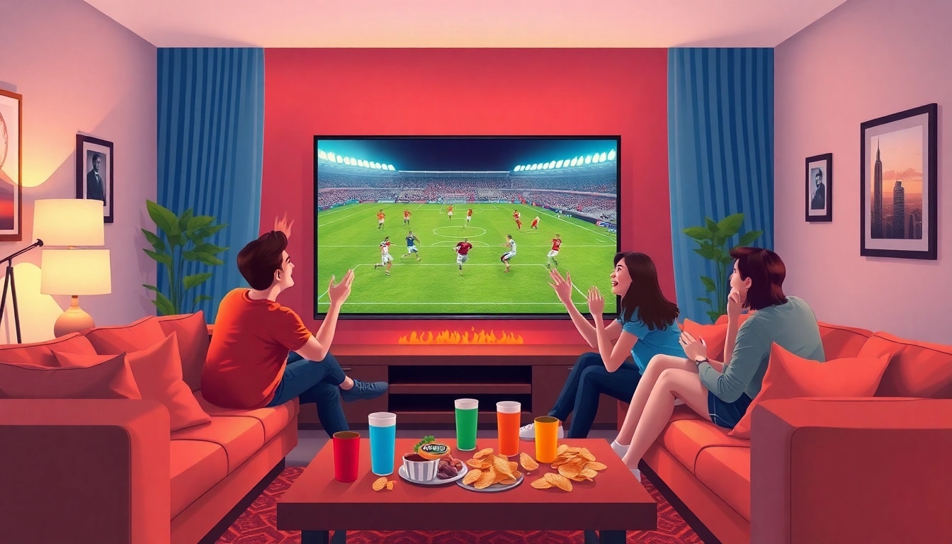 Cakhia TV: Friends enjoying a live football match in a cozy living room setting.