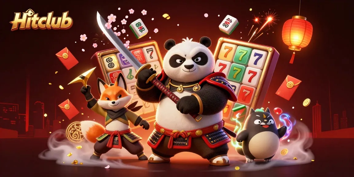 Hitclub features a stylized scene with samurai panda, ninja fox, and tanuki in a vibrant casino setting.
