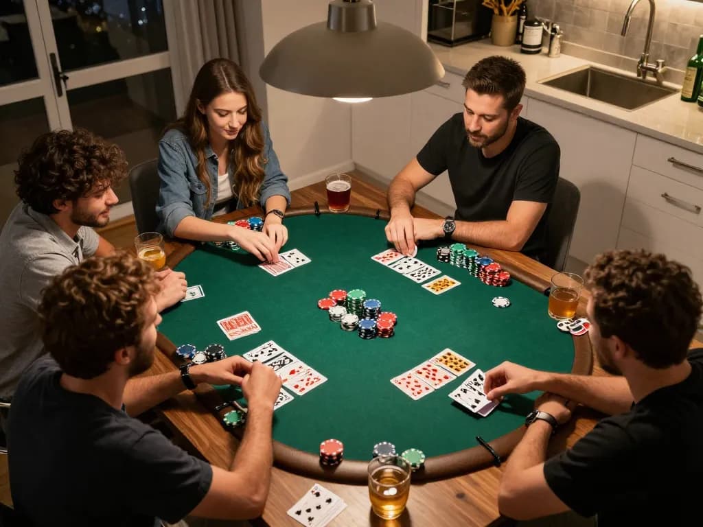 Friends enjoying an engaging poker game at home, showcasing competitive spirit and camaraderie over 789f.